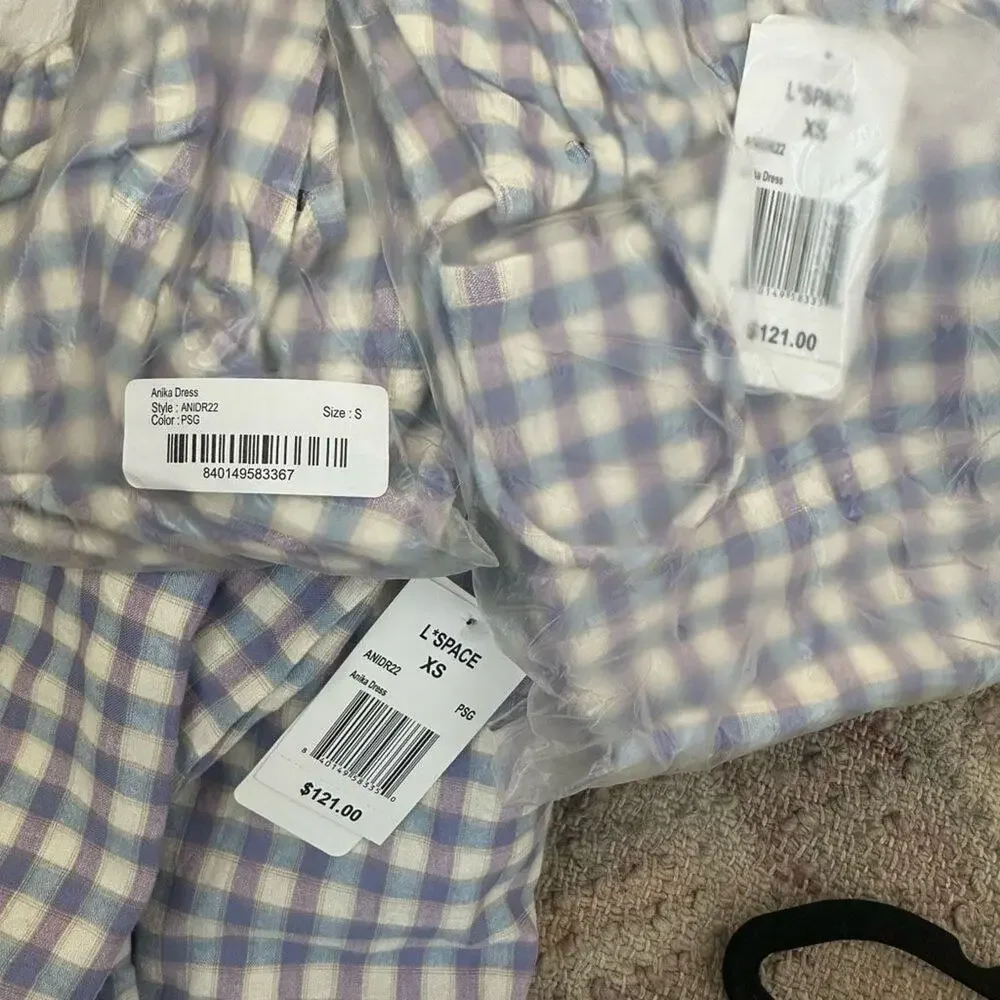 L*Space Gingham Mini Dress XS Purple White Tie Back Summer - Picture 6 of 9